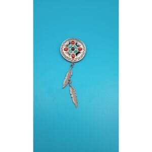 Vintage JJ Jonette Artifacts Southwestern Pin Medallion Dangle Feathers Pewter
